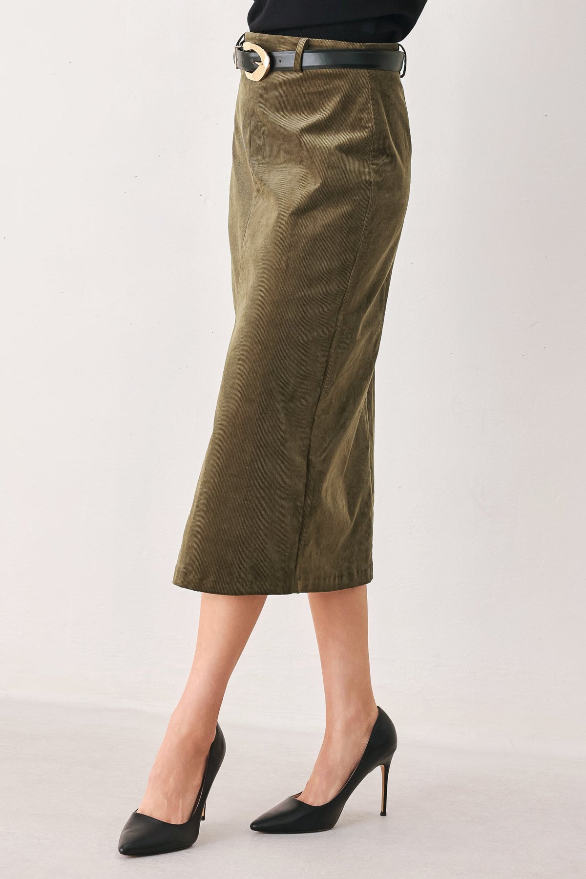 Buckle-Belt Midi Skirt
