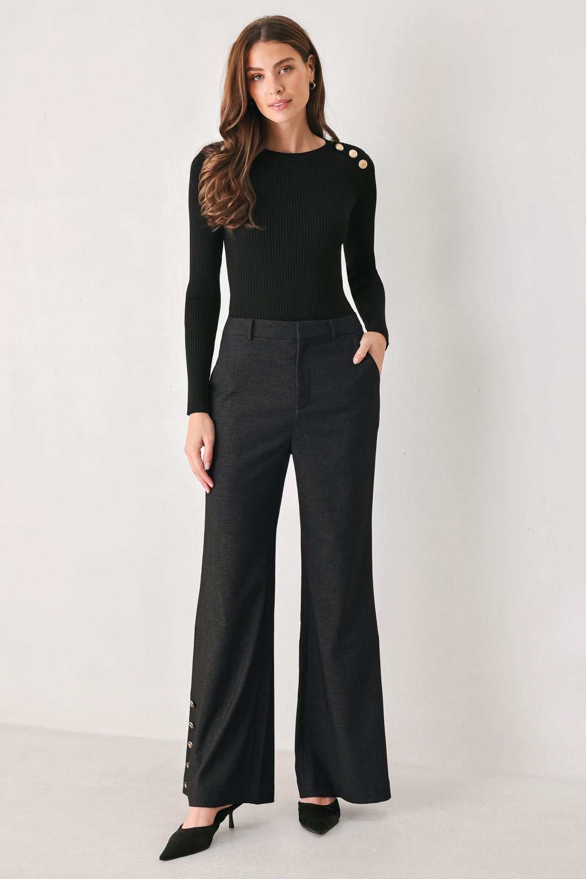 NEW - Noir Button-Hen Flare Pants