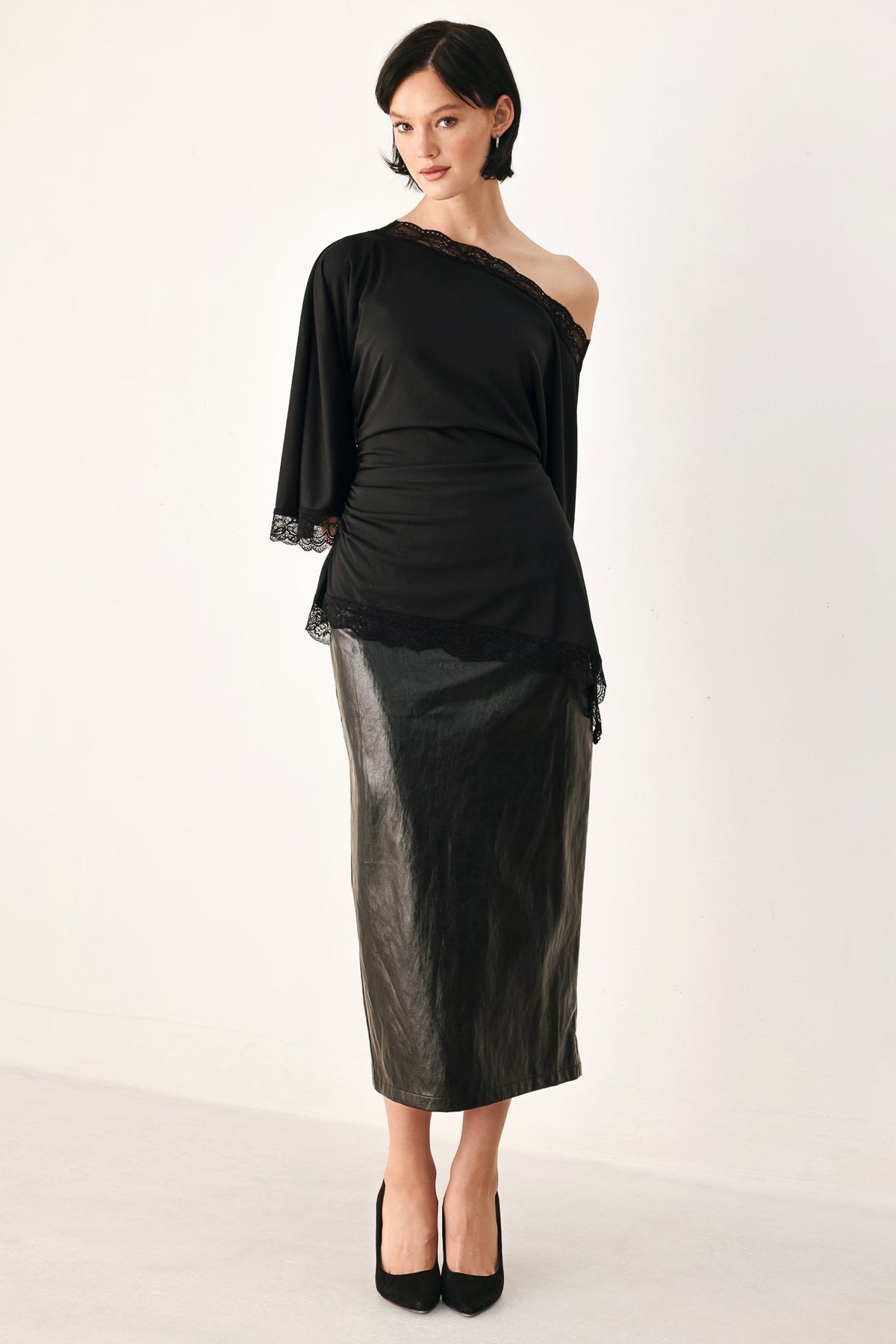 Lace Trim Asymmetrical Blouse in black and brown