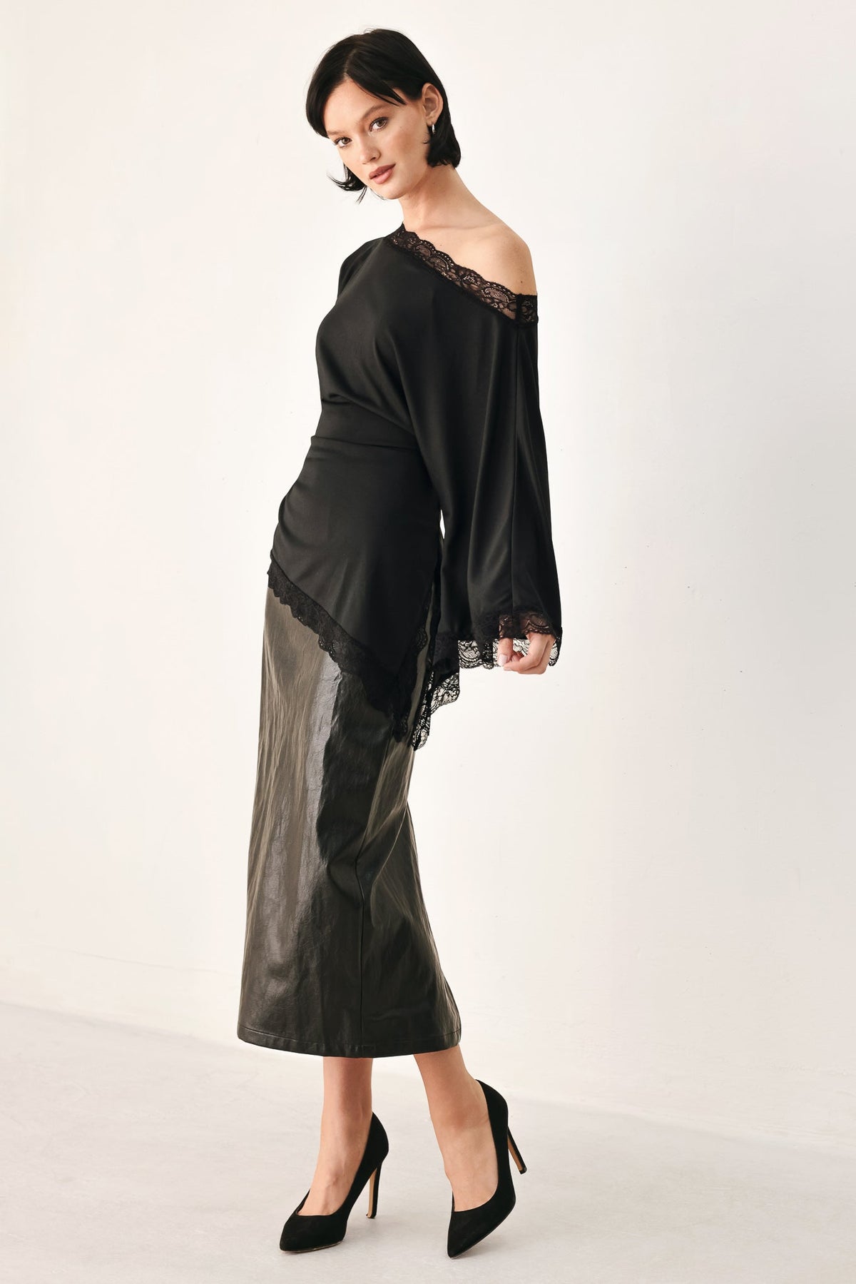 Lace Trim Asymmetrical Blouse in black and brown