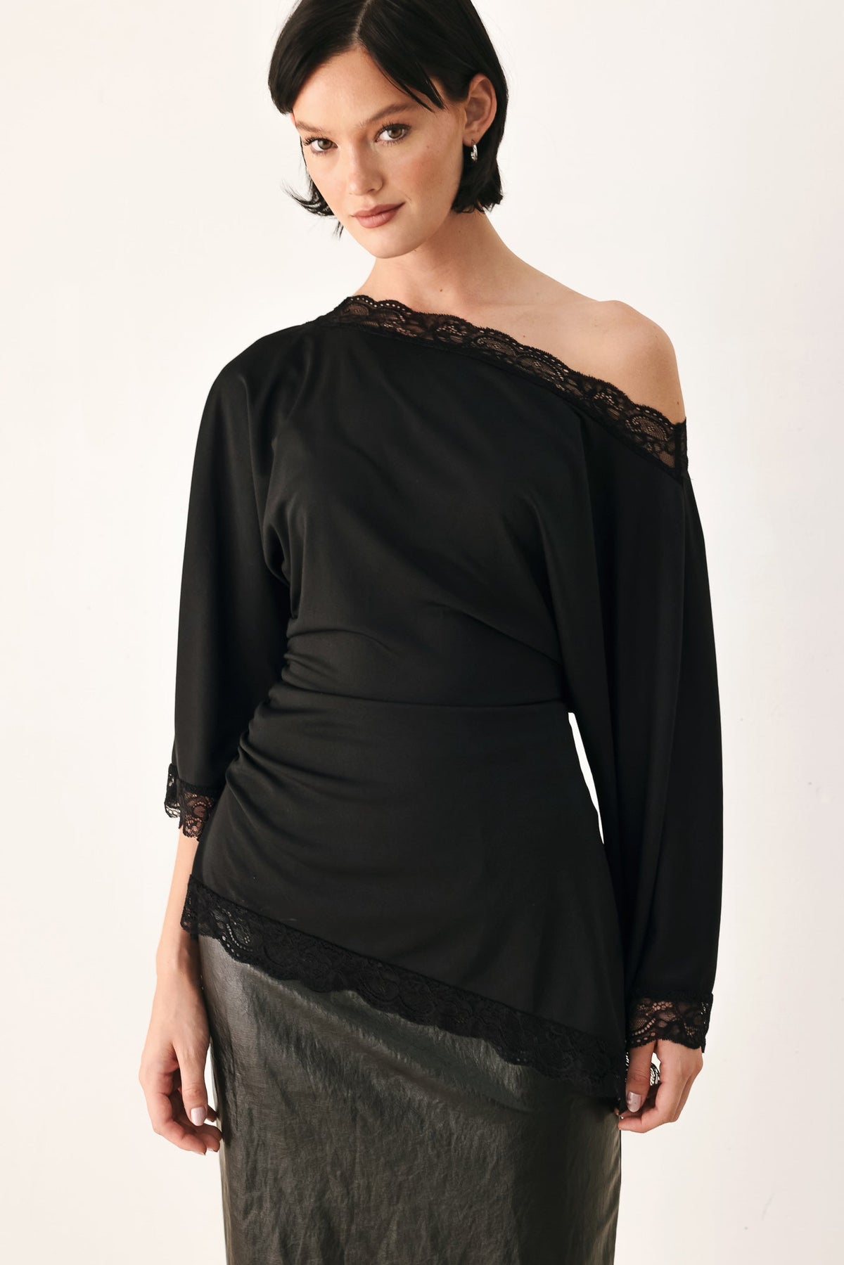 Lace Trim Asymmetrical Blouse in black and brown