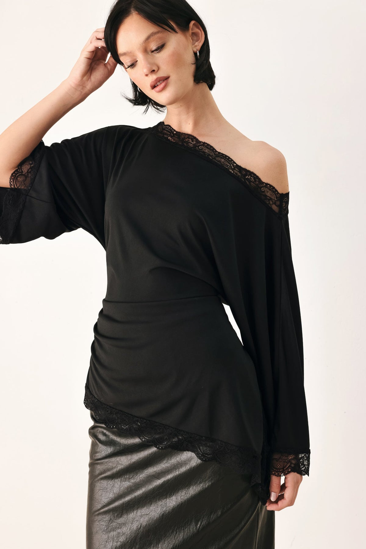 Lace Trim Asymmetrical Blouse in black and brown
