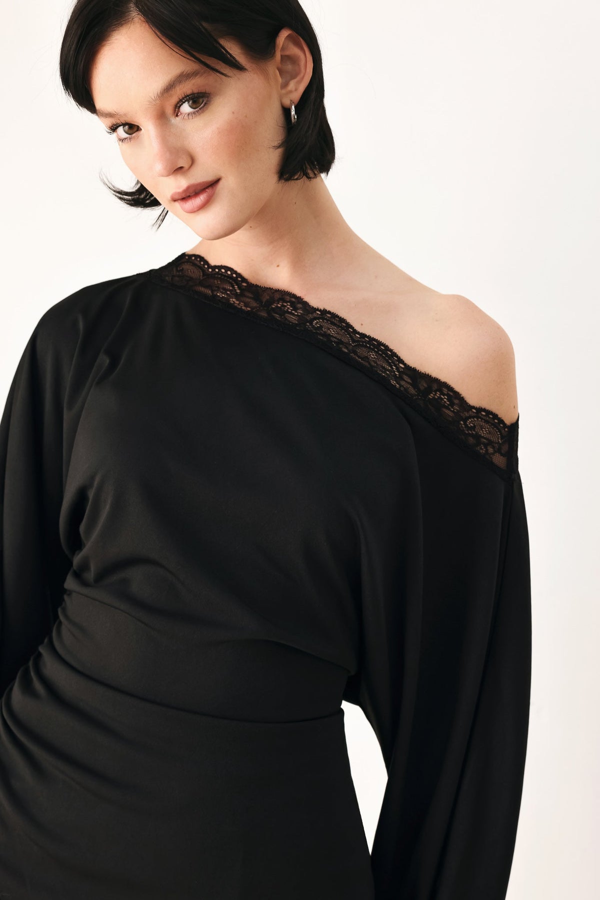 Lace Trim Asymmetrical Blouse in black and brown