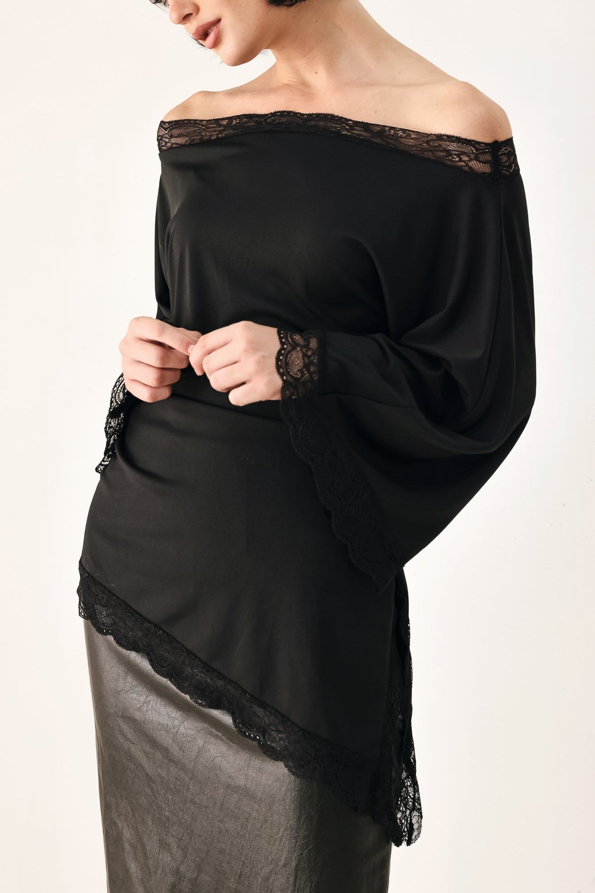 Lace Trim Asymmetrical Blouse in black and brown