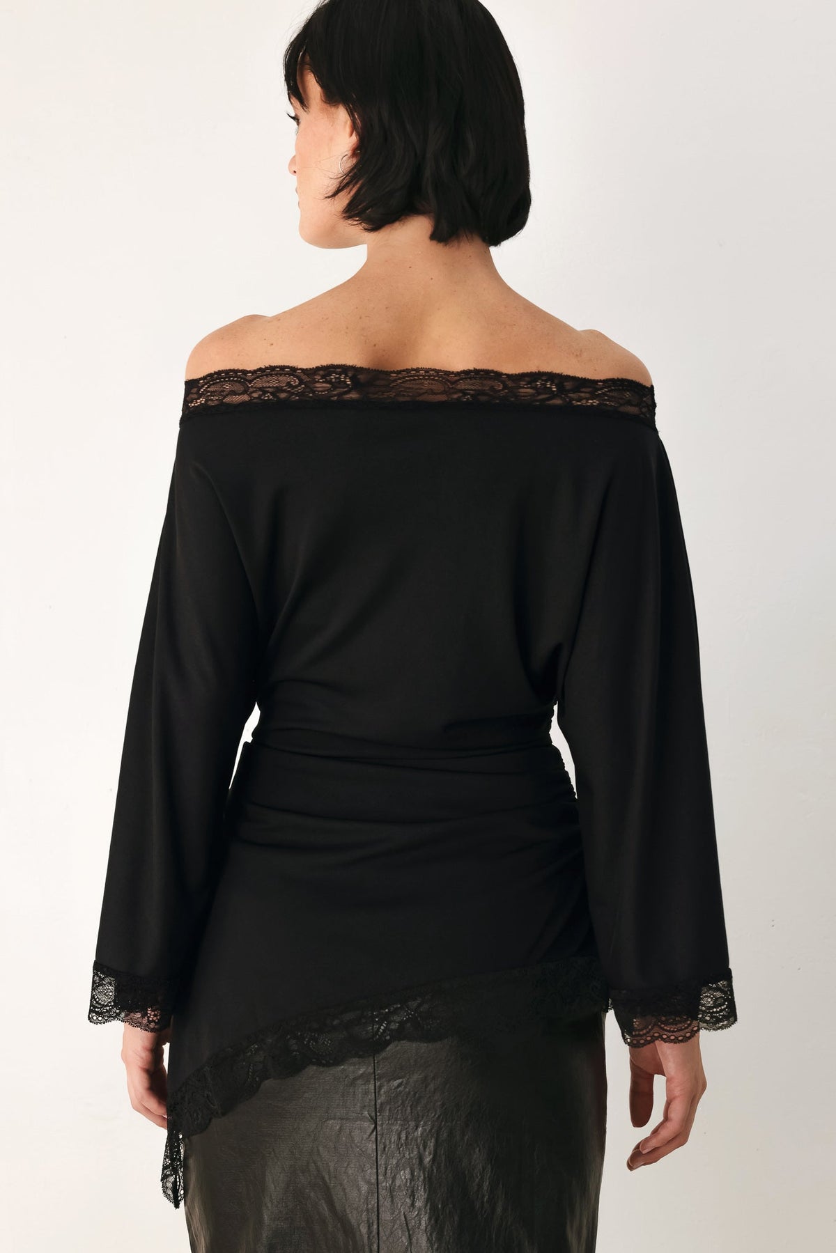 Lace Trim Asymmetrical Blouse in black and brown