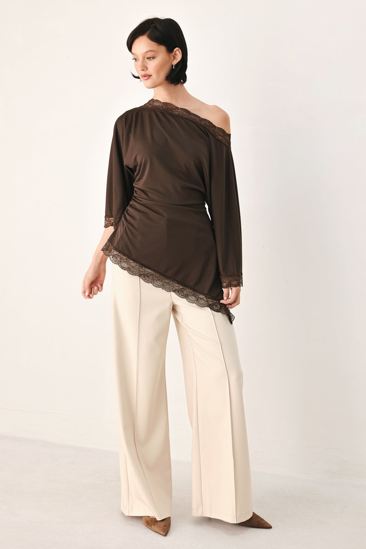 Lace Trim Asymmetrical Blouse in black and brown