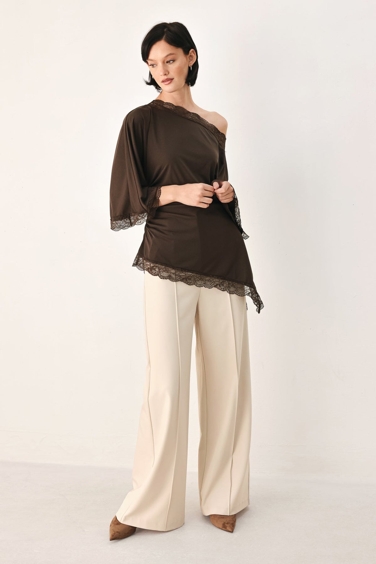 Lace Trim Asymmetrical Blouse in black and brown