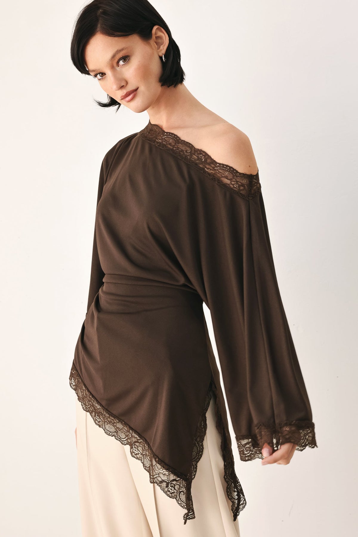 Lace Trim Asymmetrical Blouse in black and brown