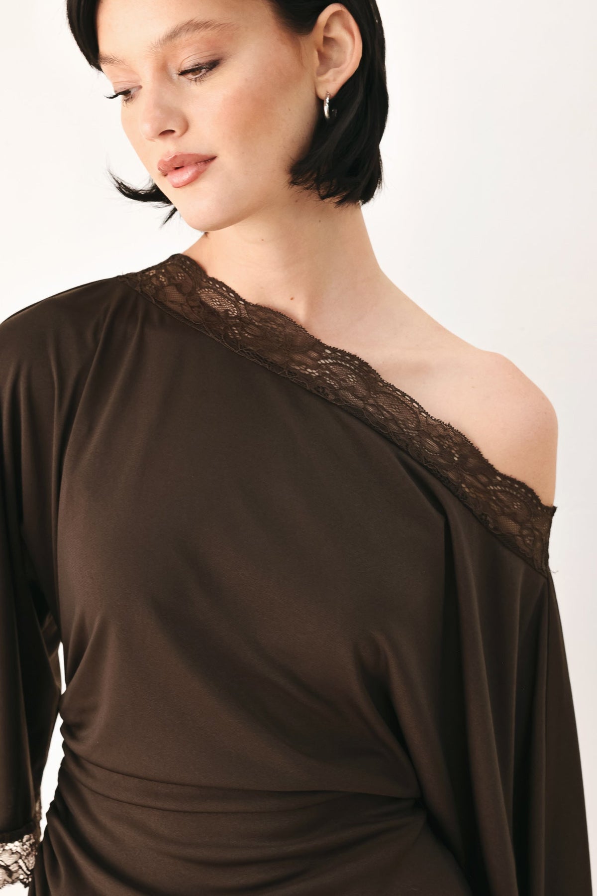Lace Trim Asymmetrical Blouse in black and brown