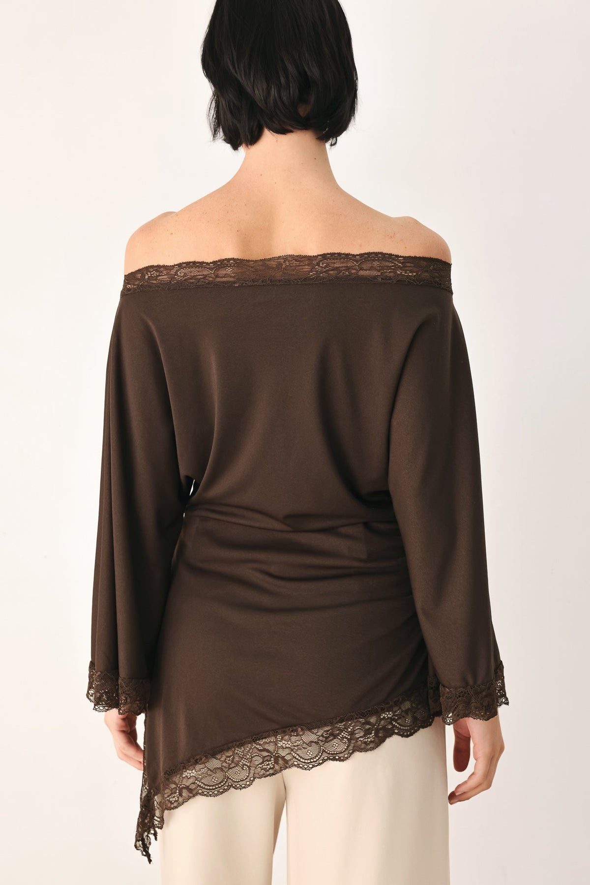 Lace Trim Asymmetrical Blouse in black and brown