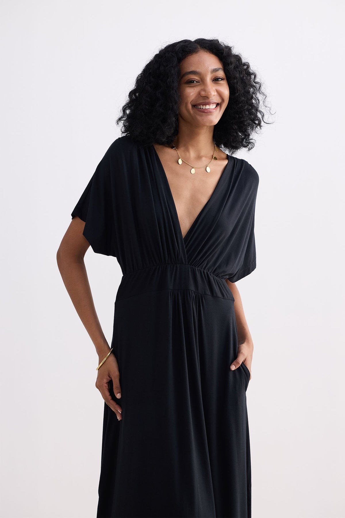 Flowy A-Line Maxi Dress with Side Slits in Black-3