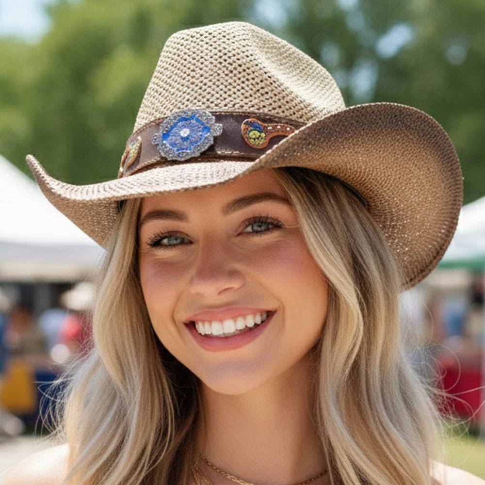 Boho Two Tone Rhinestone Straw Cowboy Hat in multiple colors