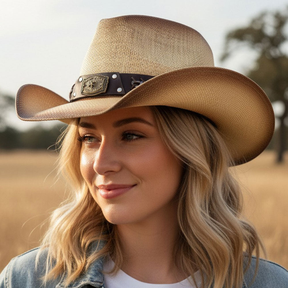 Rustic Star Concho Belt Straw Cowboy Hat in multiple colors