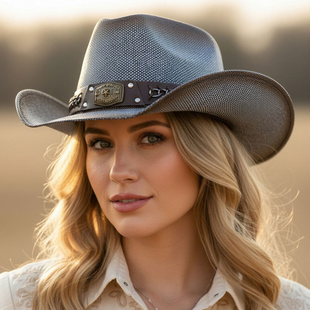 Rustic Star Concho Belt Straw Cowboy Hat in multiple colors