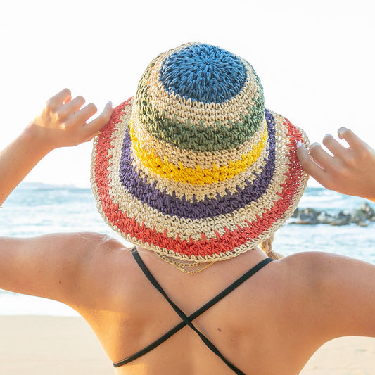 Rainbow Woven Straw Bucket Hat in khaki and straw
