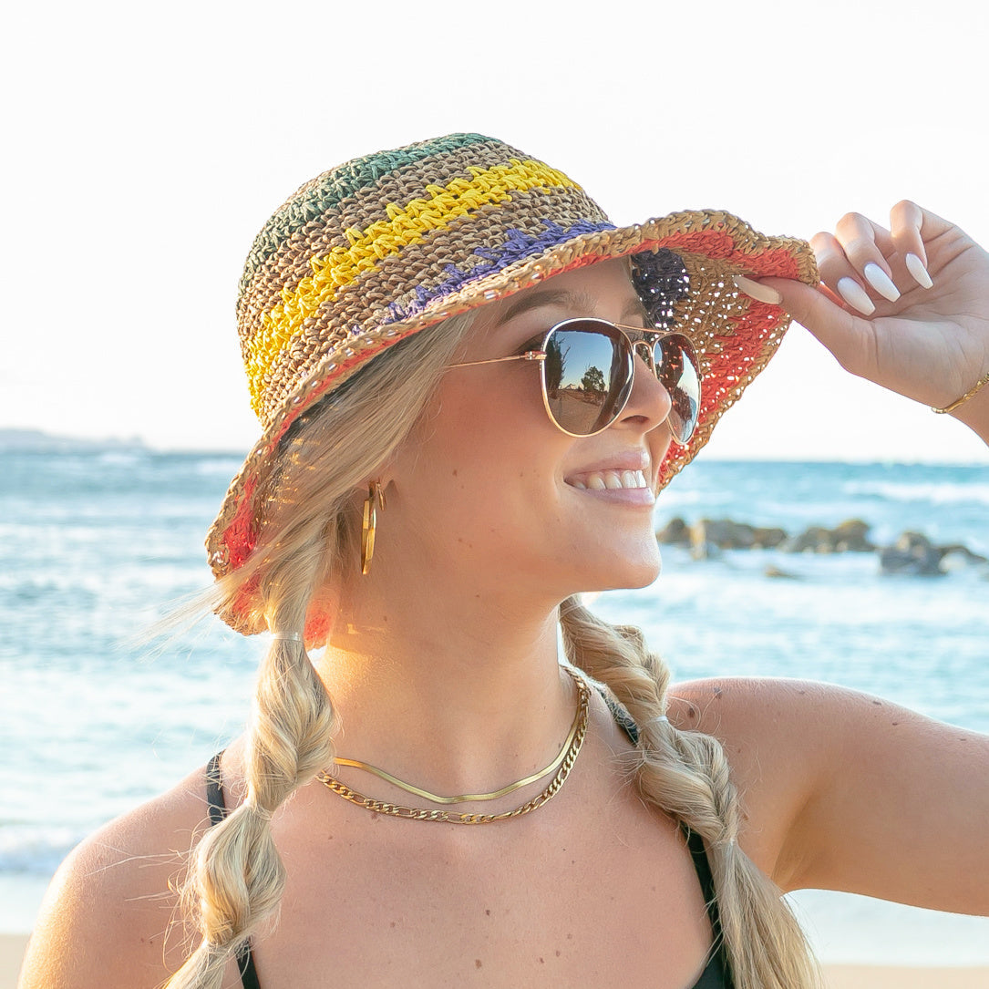 Rainbow Woven Straw Bucket Hat in khaki and straw