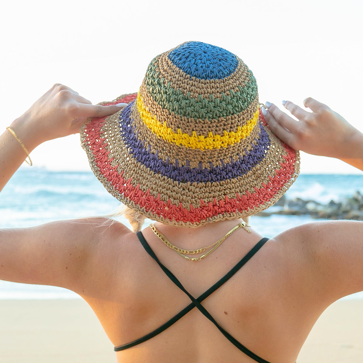 Rainbow Woven Straw Bucket Hat in khaki and straw