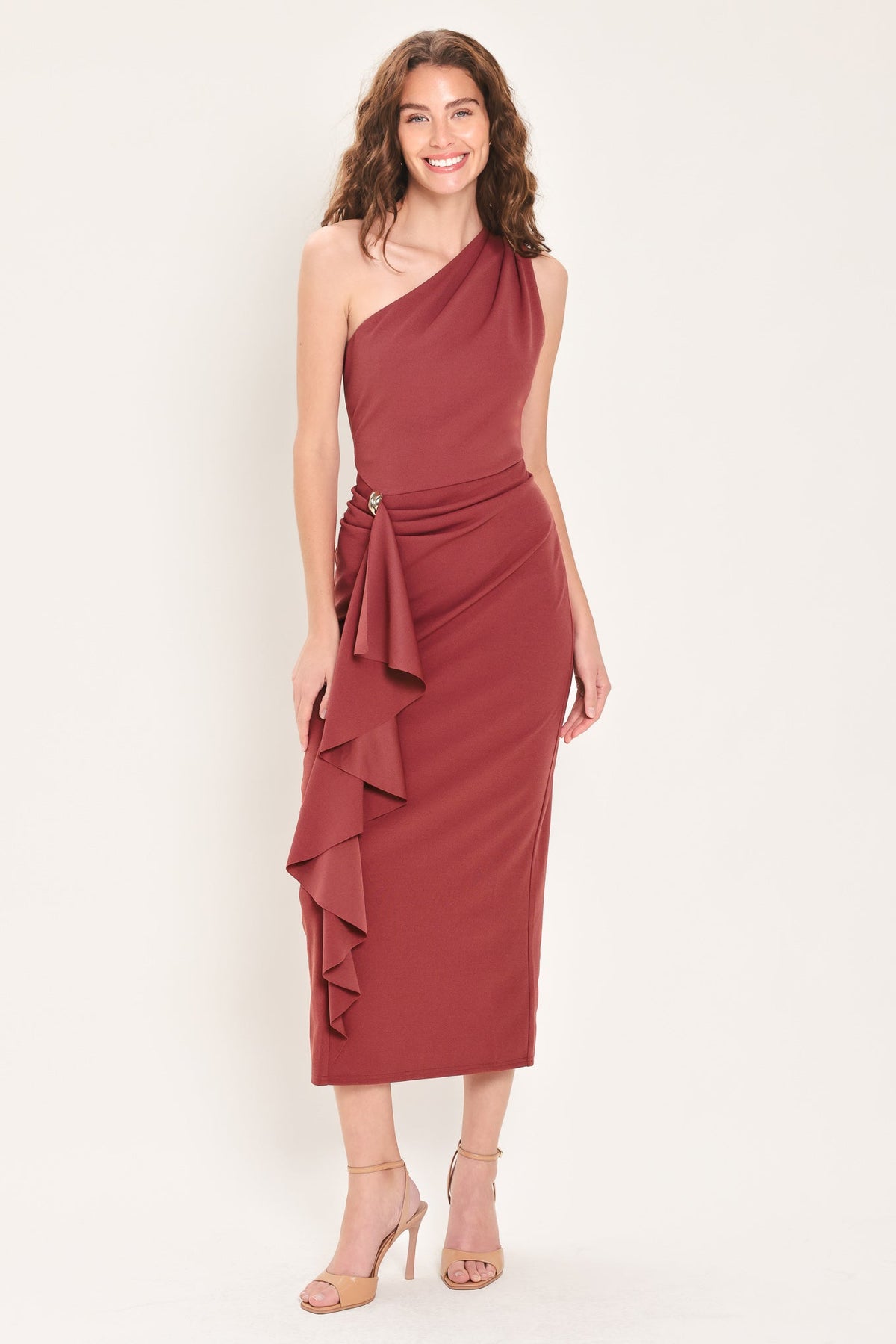 Draped One-Shoulder Midi Dress