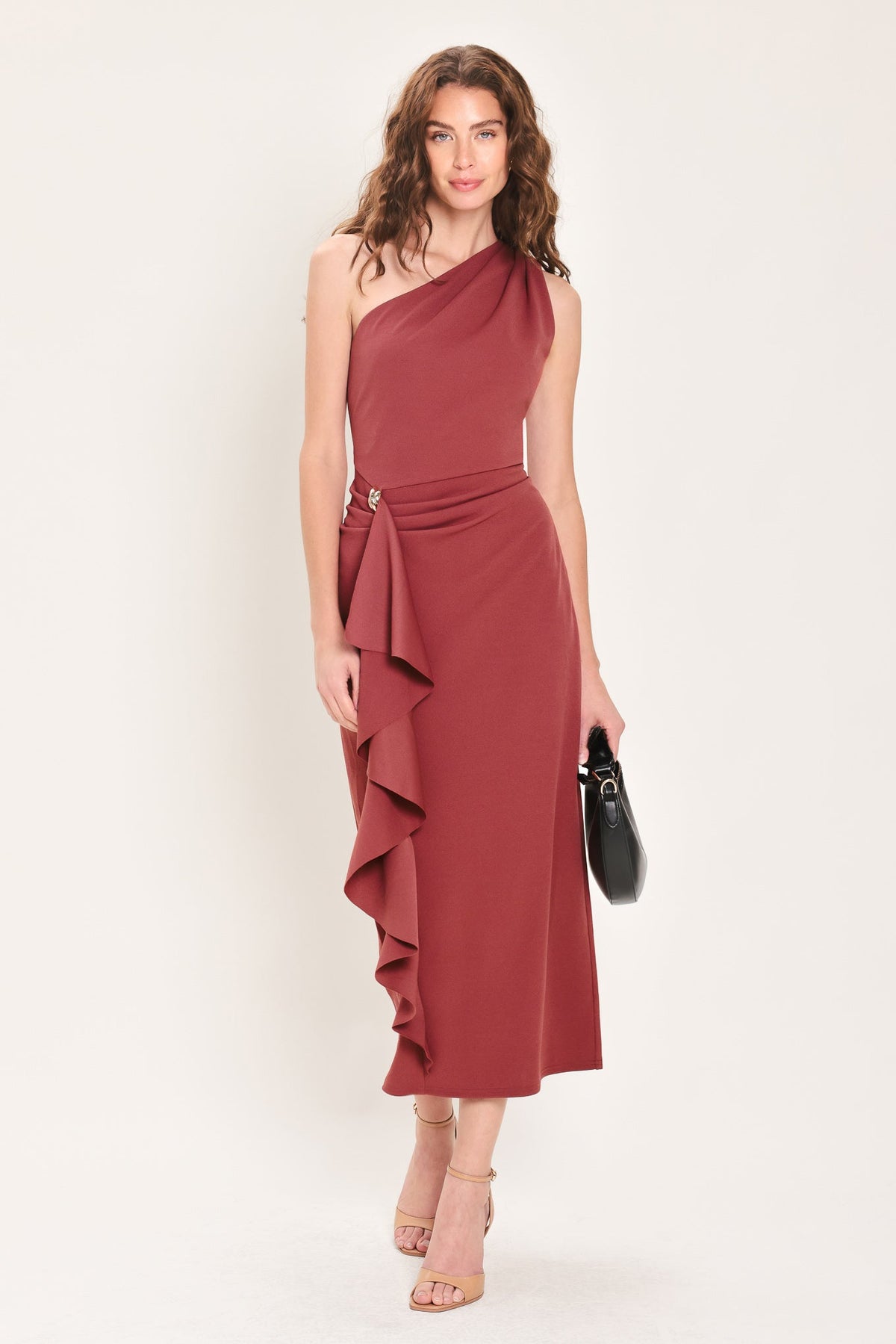 Draped One-Shoulder Midi Dress