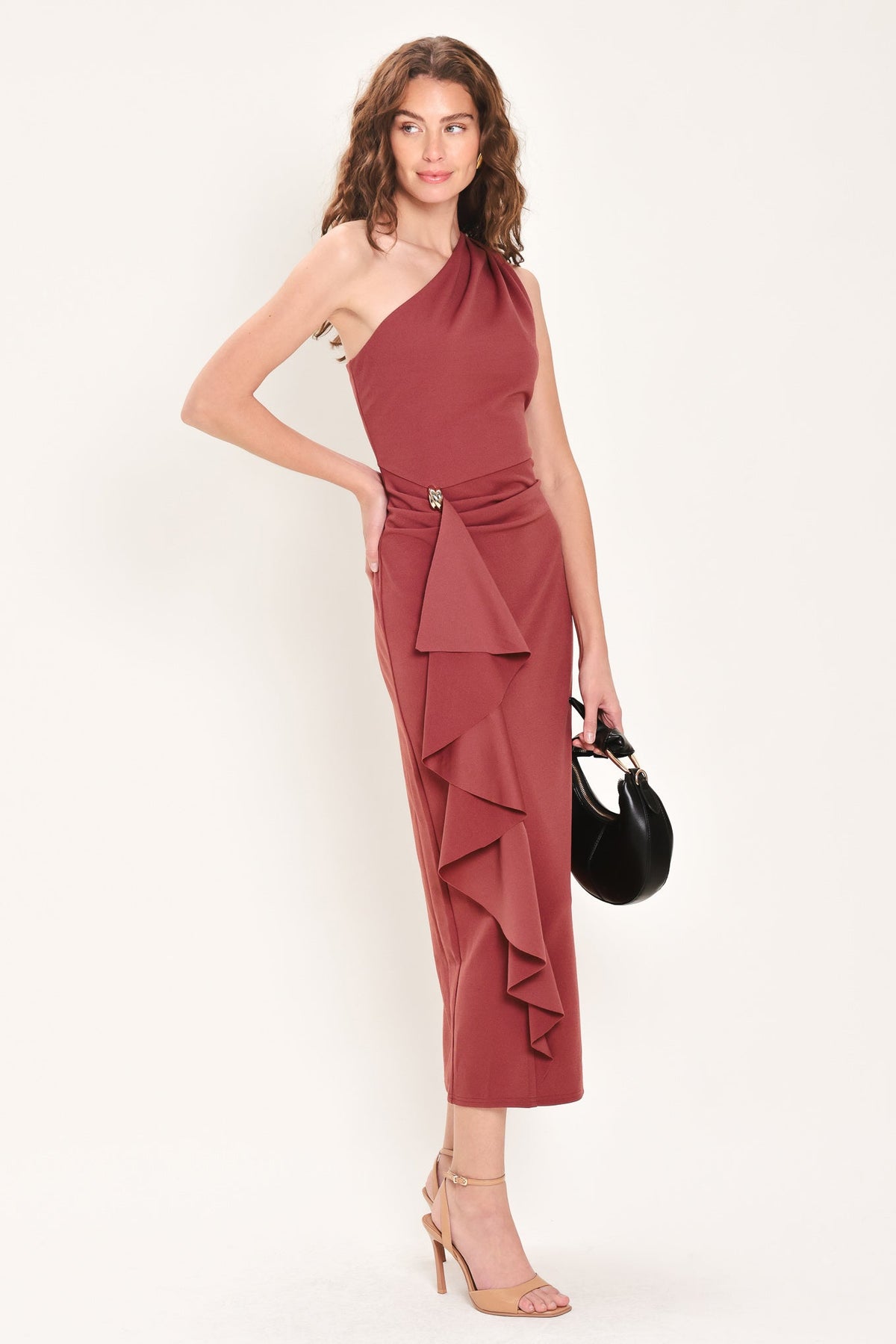 Draped One-Shoulder Midi Dress