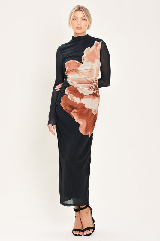 Shadow Bloom Mesh Shirred Maxi Dress