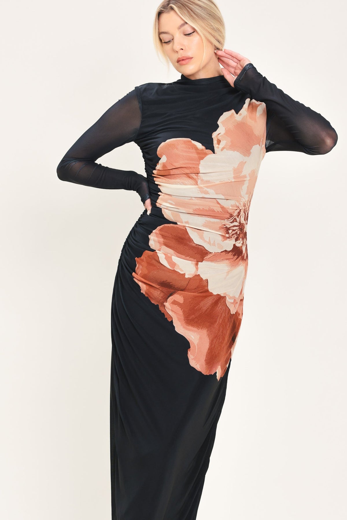 NEW - Shadow Bloom Mesh Shirred Maxi Dress