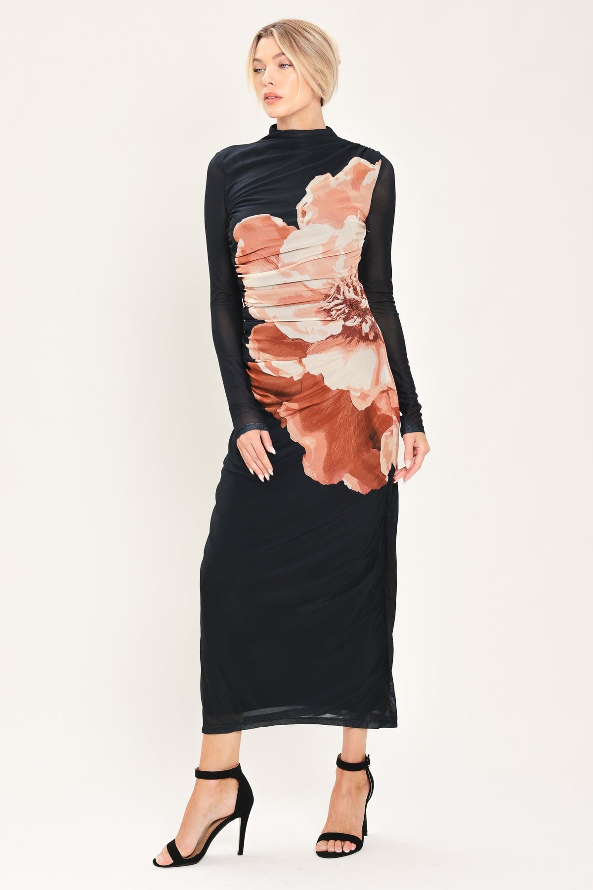 NEW - Shadow Bloom Mesh Shirred Maxi Dress