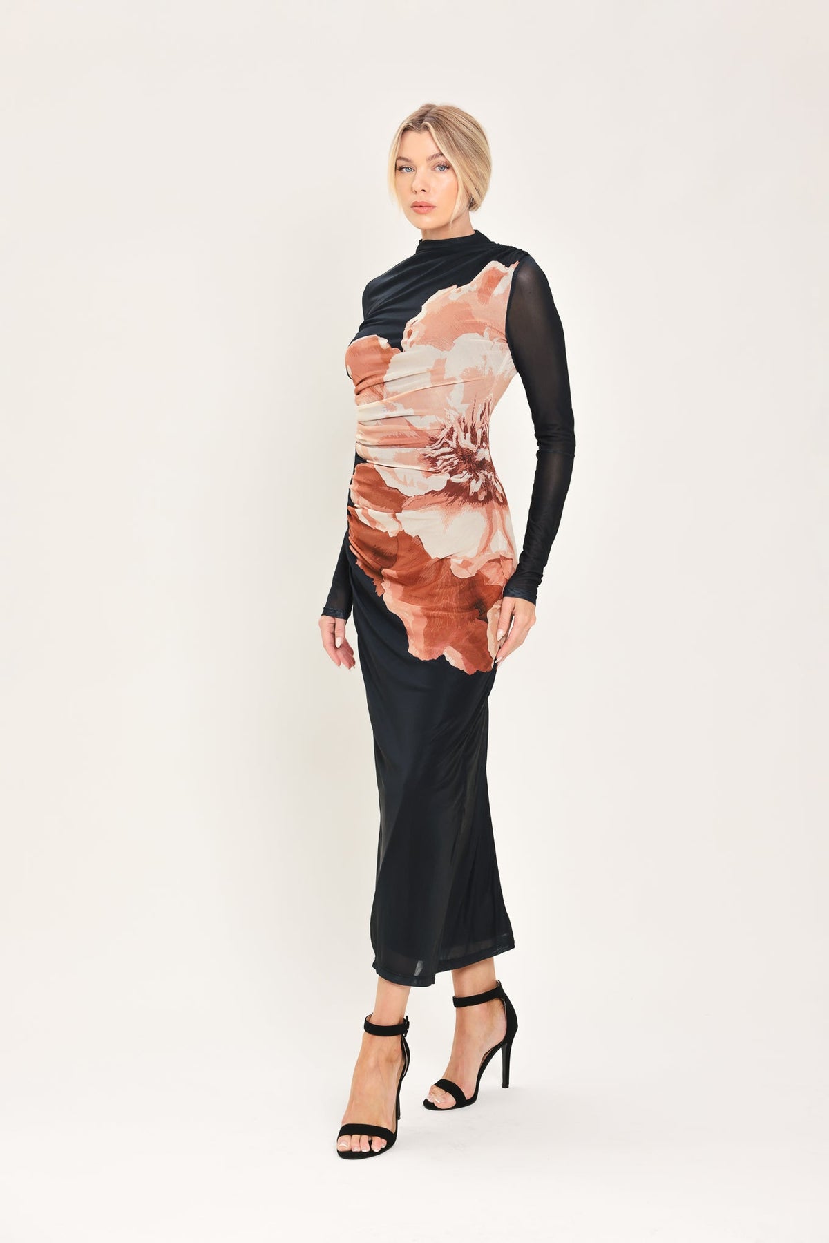 NEW - Shadow Bloom Mesh Shirred Maxi Dress