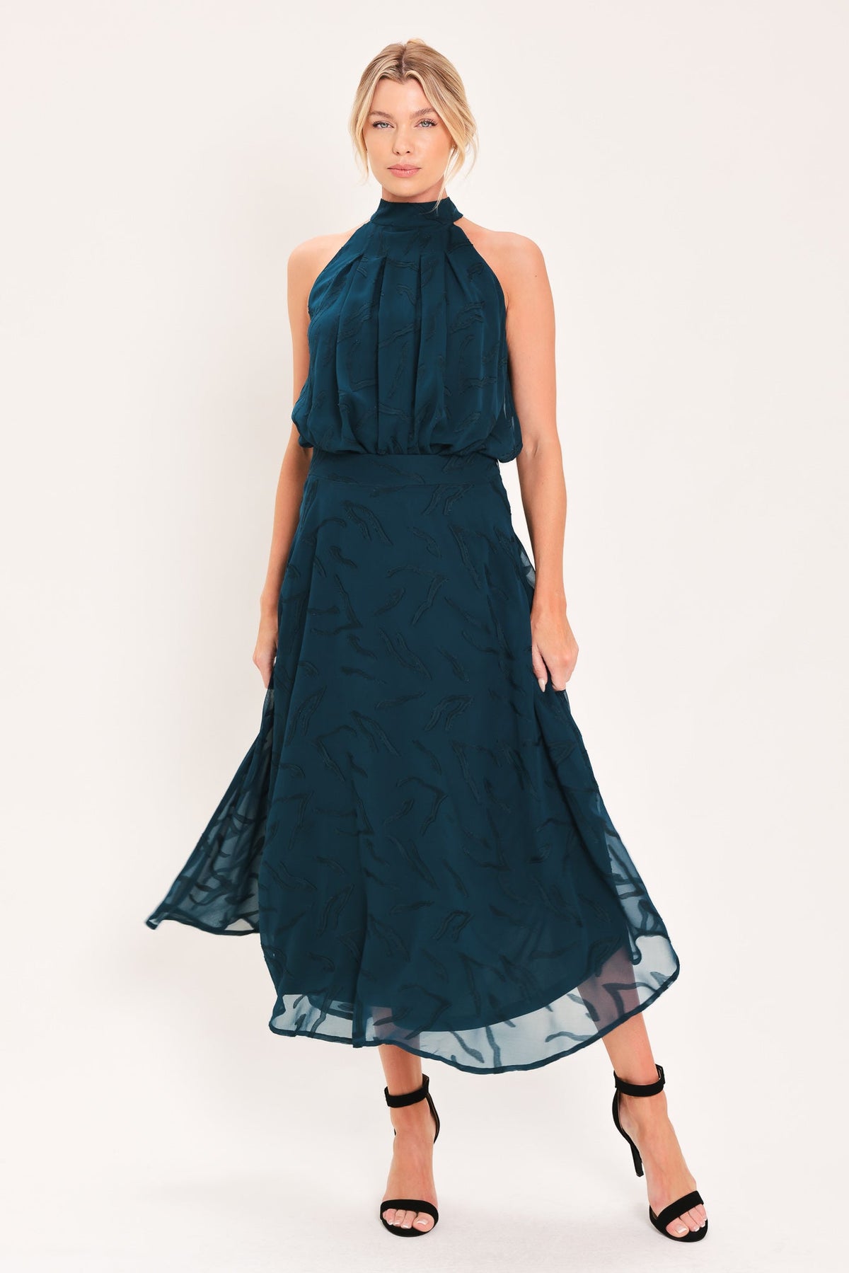 Teal Jacquard Midi Skirt