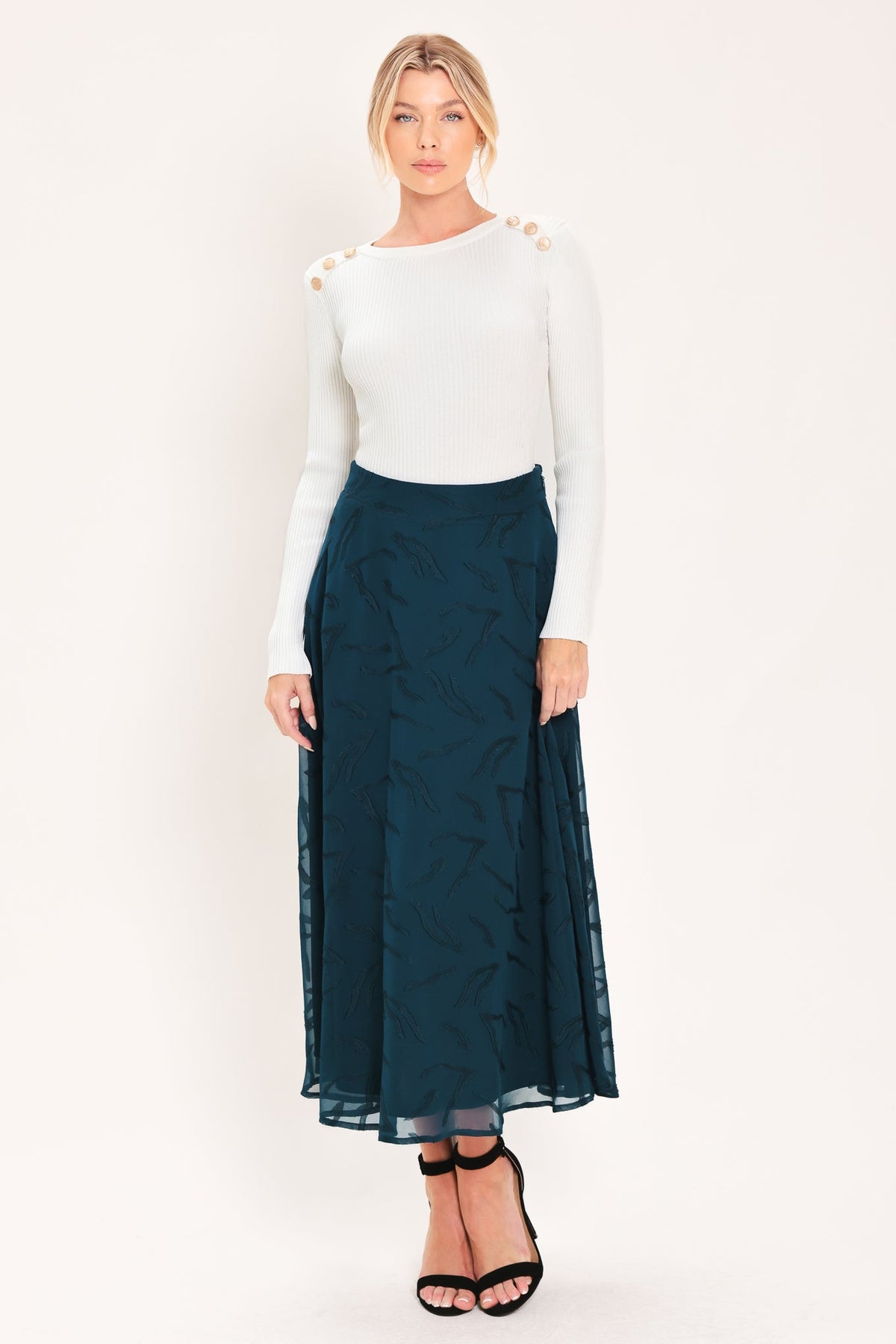 Teal Jacquard Midi Skirt