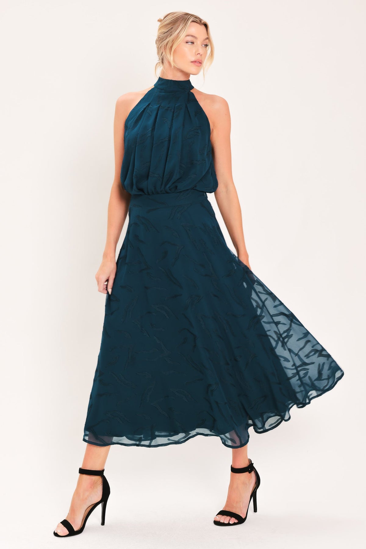 Teal Jacquard Midi Skirt