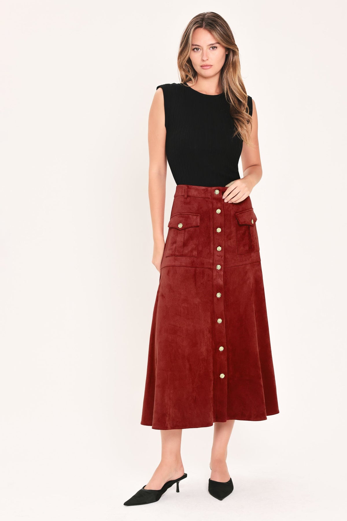 Faux Suede Midi Skirt