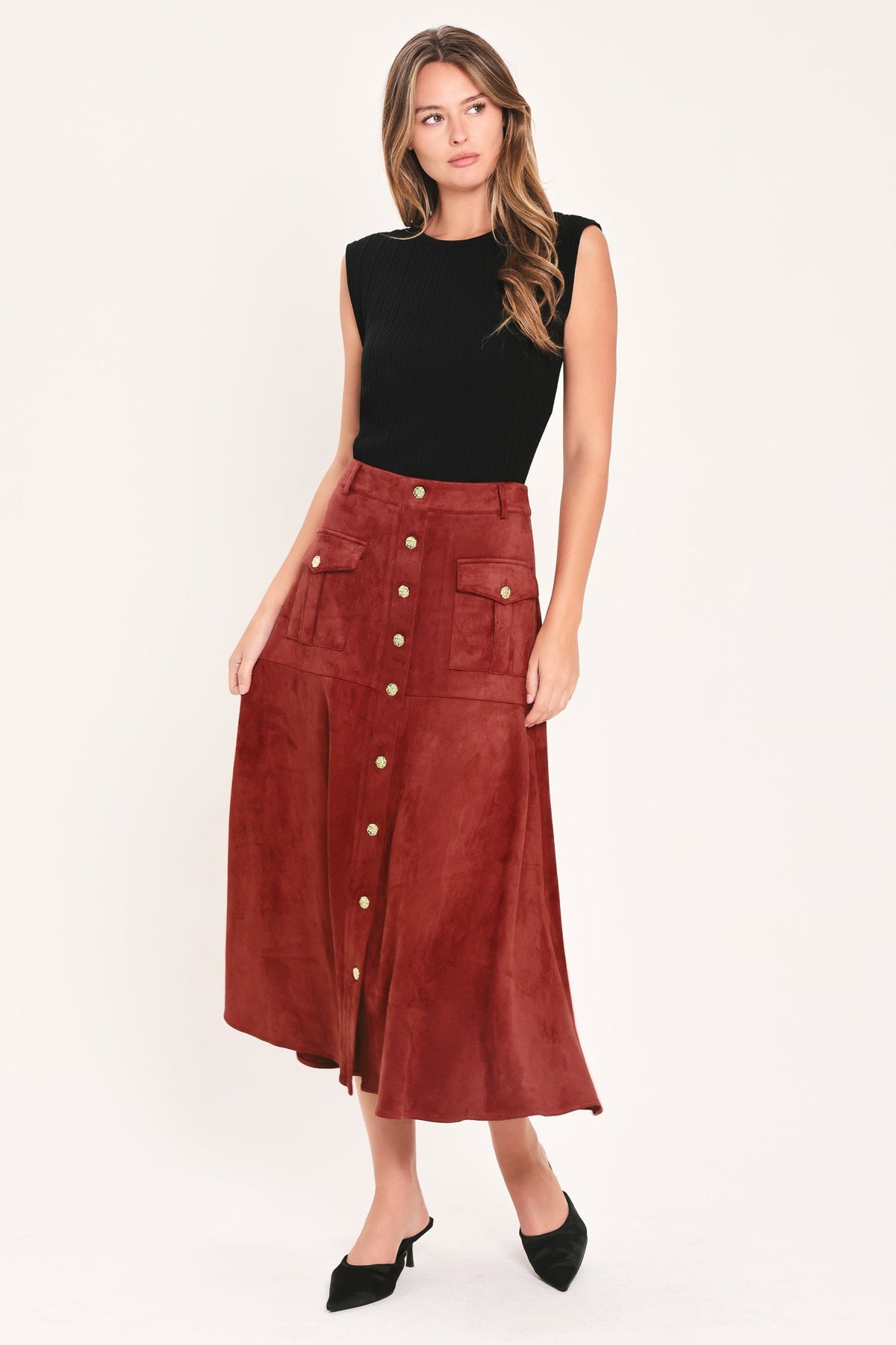 Faux Suede Midi Skirt