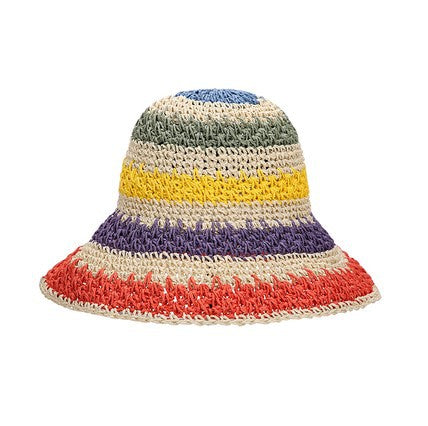 Rainbow Woven Straw Bucket Hat in khaki and straw