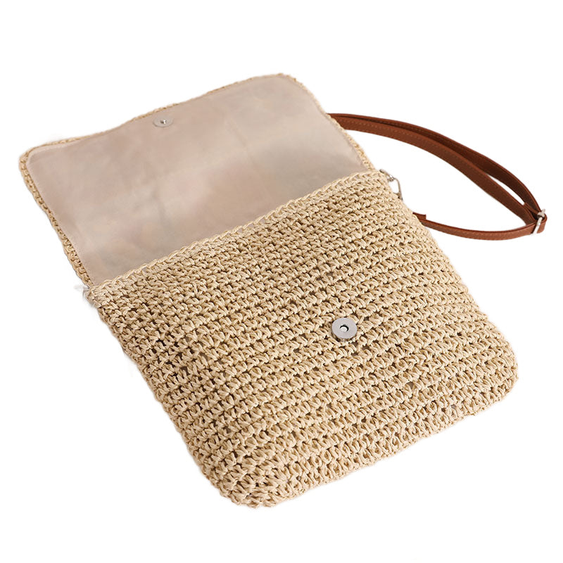 Sylvie Foldover Crochet Woven Crossbody Bag in khaki and straw