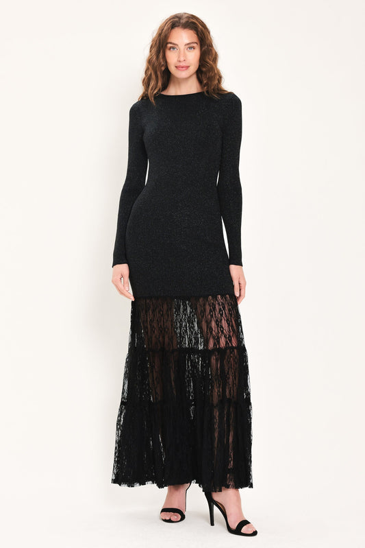 Metallic Lace-Hem Maxi Sweater Dress