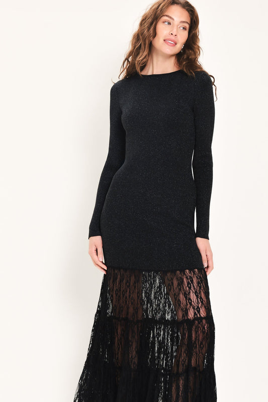 Metallic Lace-Hem Maxi Sweater Dress
