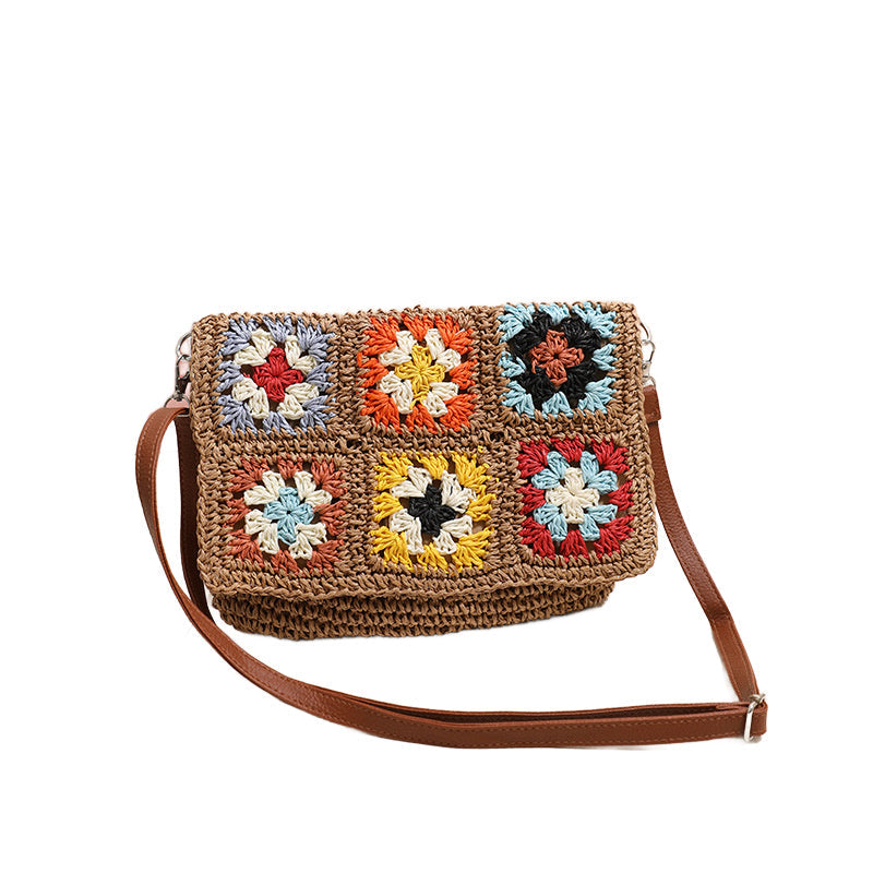 Sylvie Foldover Crochet Woven Crossbody Bag in khaki and straw