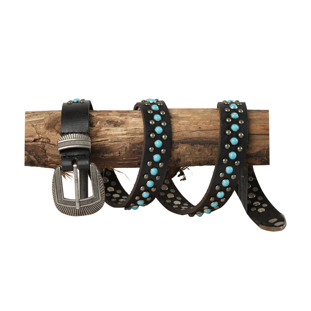 Midnight Ranger Leather Belt - Calfskin with Turquoise Stones