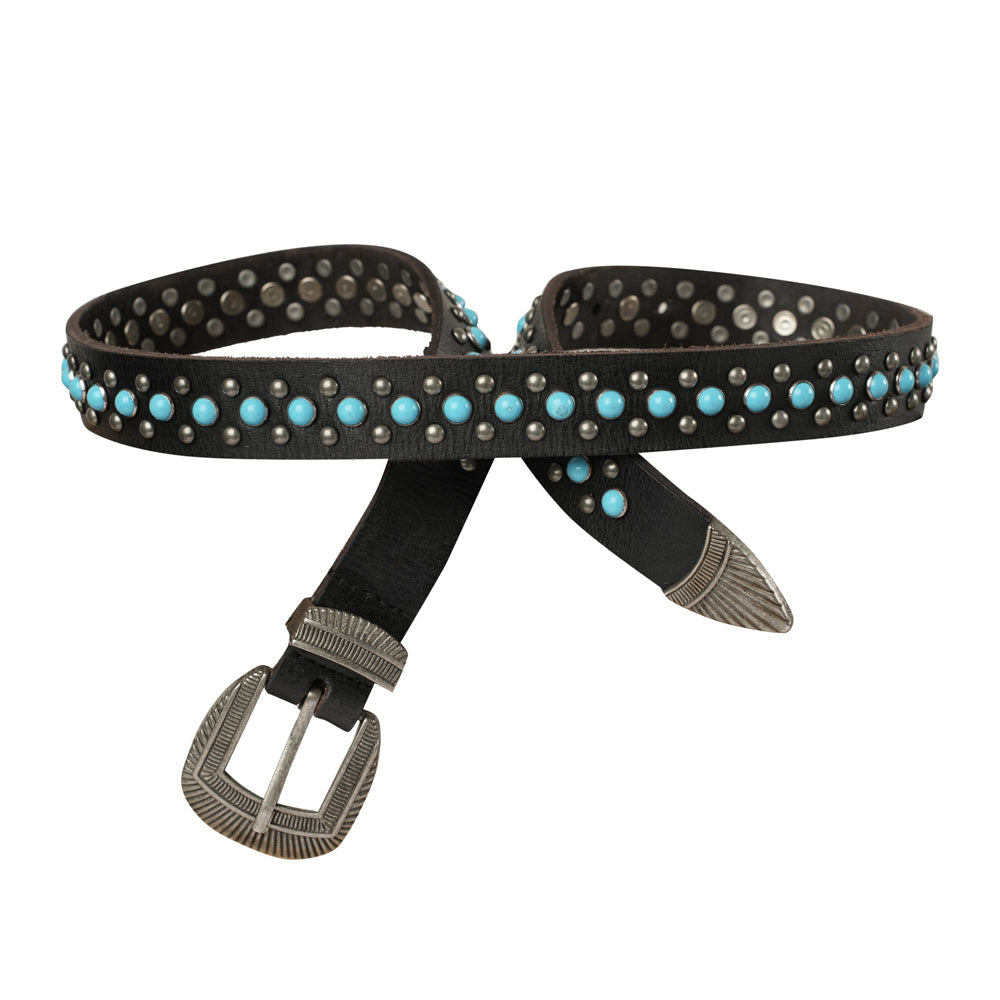 Midnight Ranger Leather Belt - Calfskin with Turquoise Stones