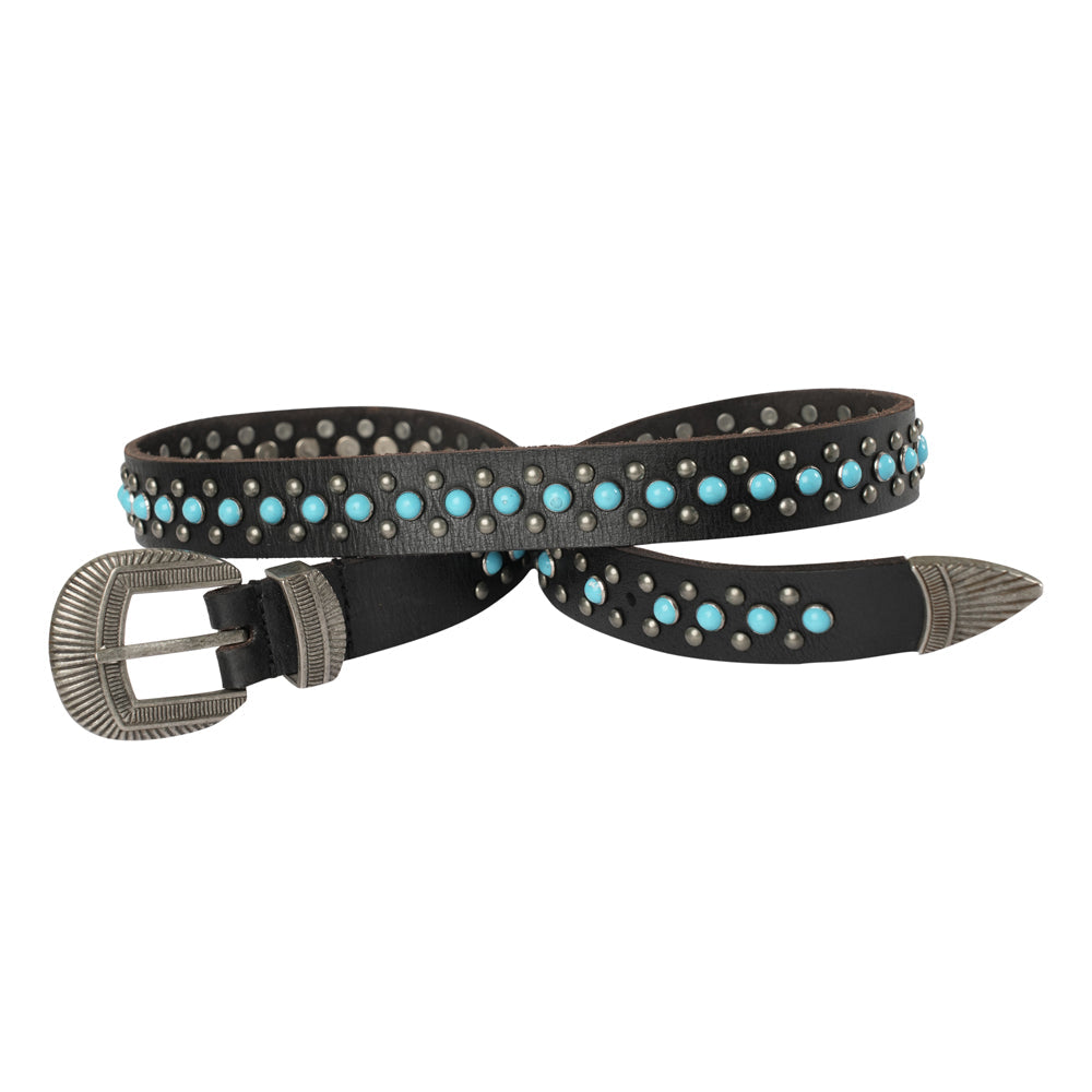 Midnight Ranger Leather Belt - Calfskin with Turquoise Stones