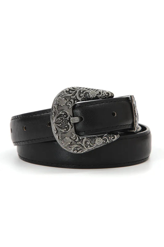 Antique Floral Engraved Western Skinny Belt in black, brown and camel
