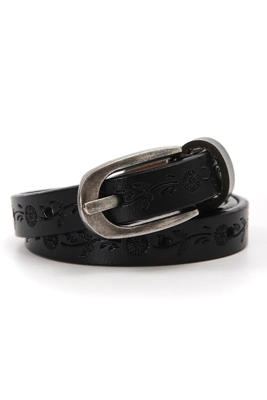 Floral Embossed Skinny Leather Belt in multiple colors