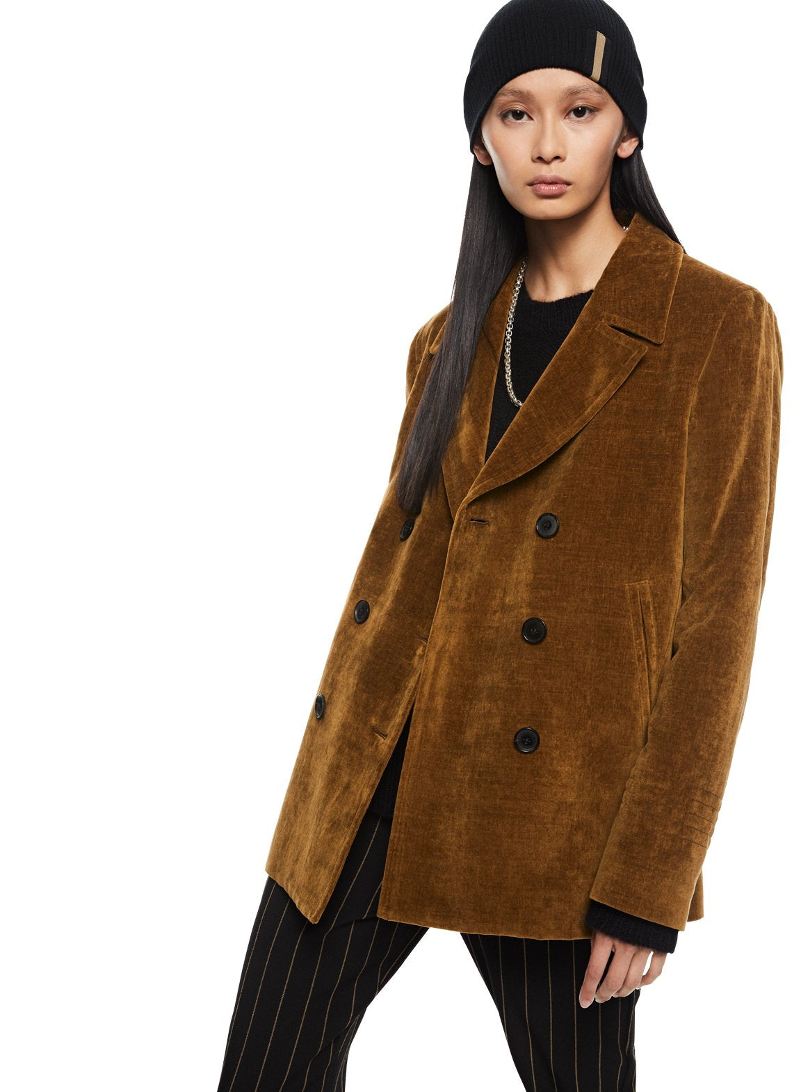 Linen-Blend Velvet Peacoat-4