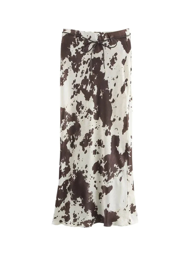 Printed Satin Midi Skirt