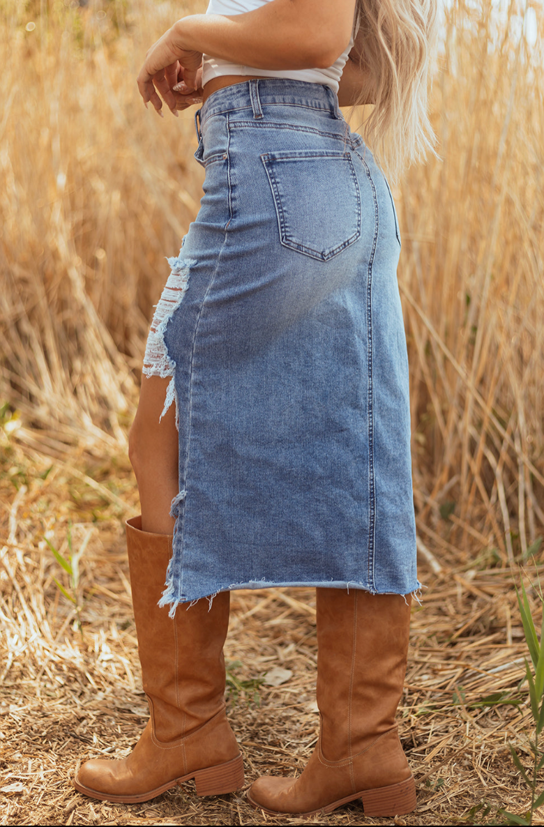 Worn Denim Midi Skirt