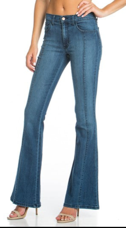 The Nina Jean - Mid Rise Front Seam Flares in medium wash only