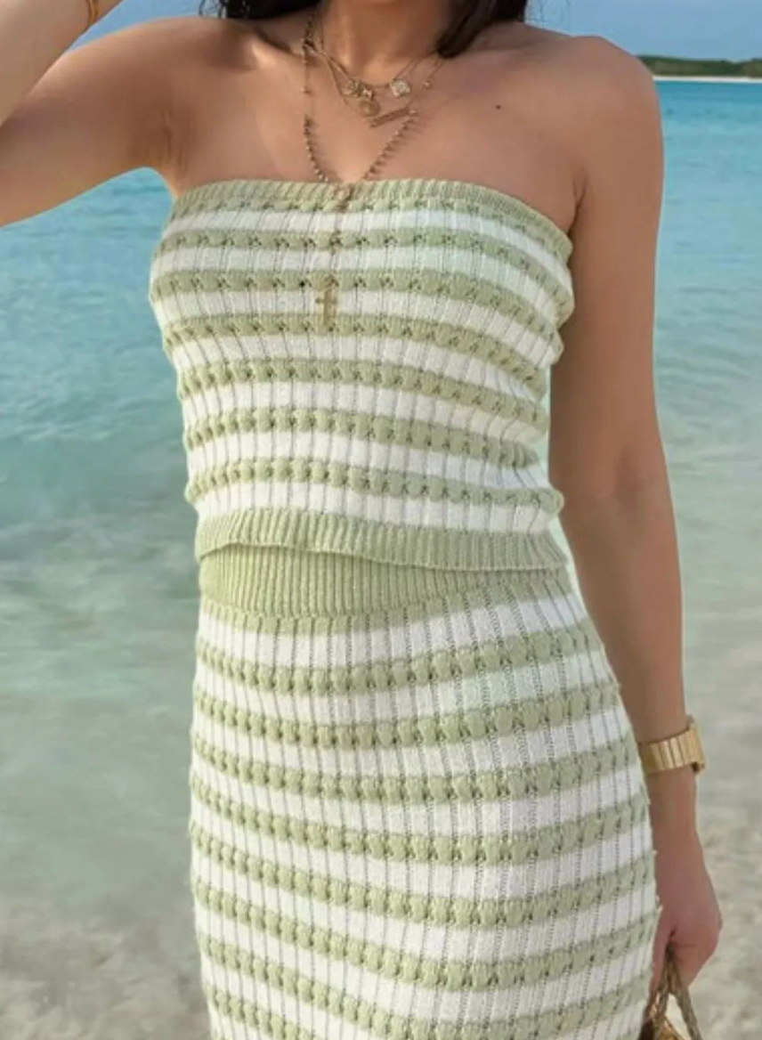 Contrast Striped Knit Tube Top and Skirt Set