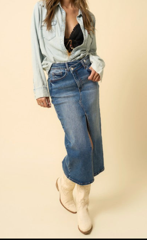 Crossover Midi Denim Skirt