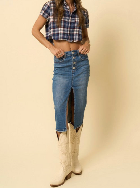 Front Slit Midi Denim Skirt